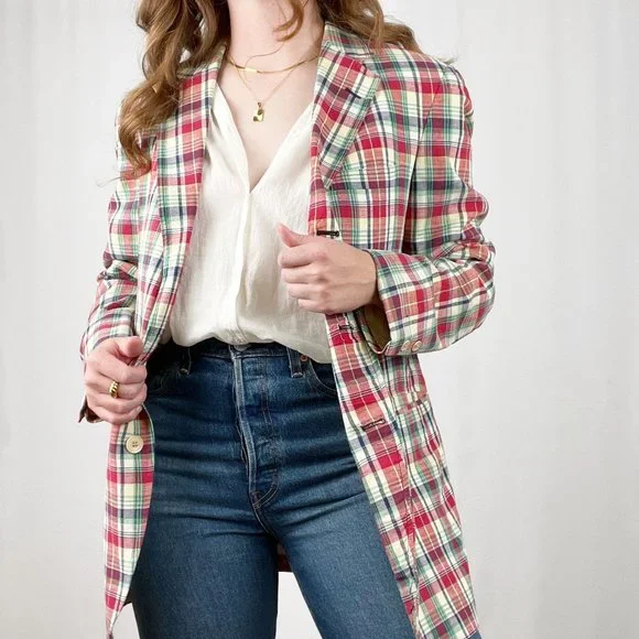Vintage Union Made Oversized Long Plaid Check Blazer Jacket Coat Preppy Academia - Picture 5 of 9